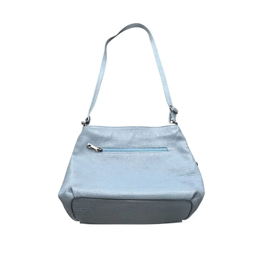 Italian-Made Light Blue Genuine Leather Shoulder Bag With Zip Closure & Tassel - Picture 2 of 9